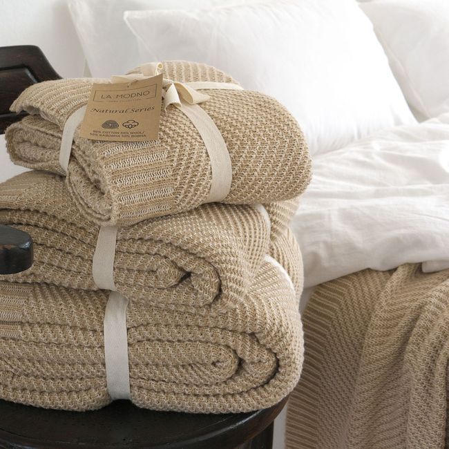 Вовняний плед 130x170 La Modno WoolCotton Balance Champagne Beige бежевий 200430 фото
